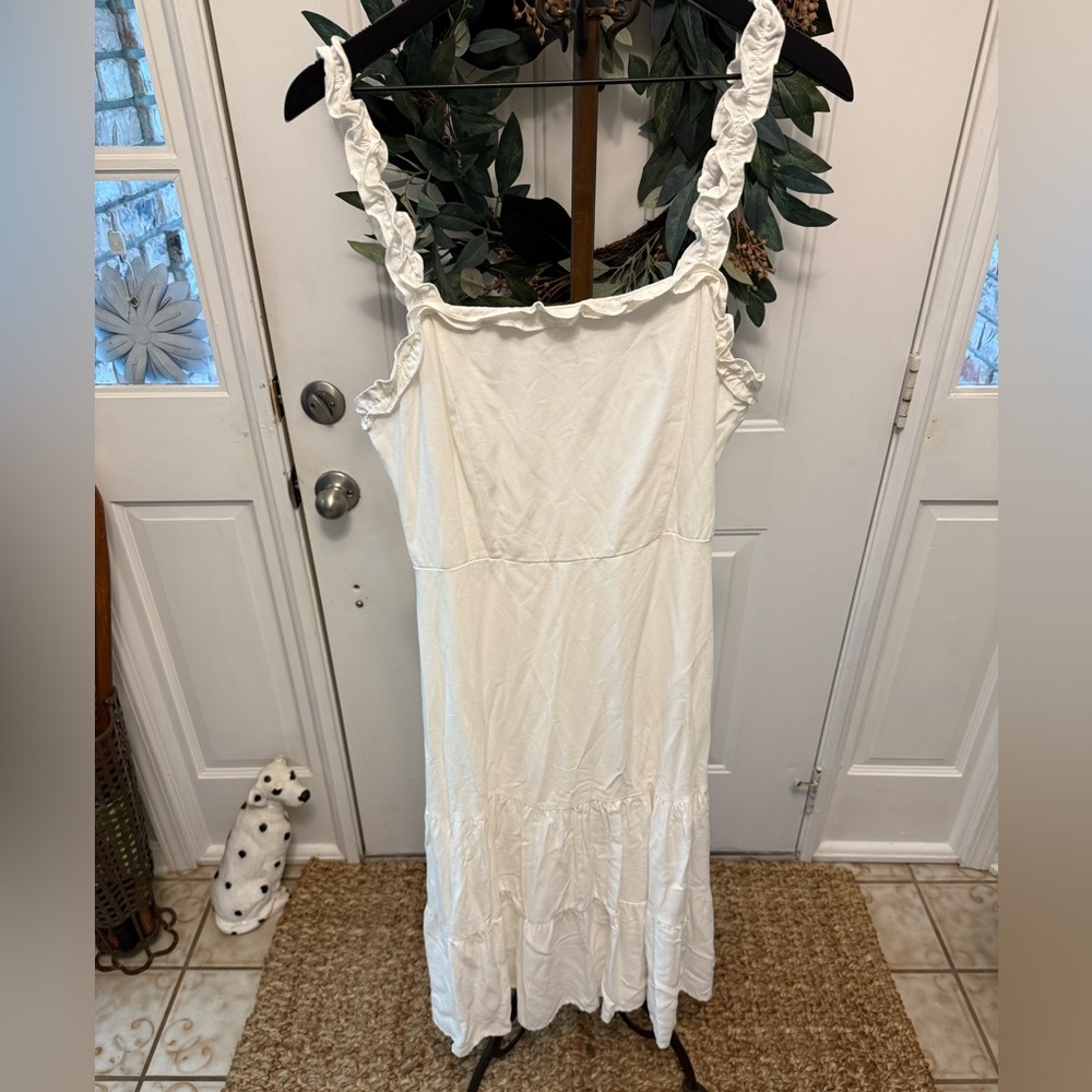 She + Sky Minimalist Solid White Ruffle Trim Midi… - image 1